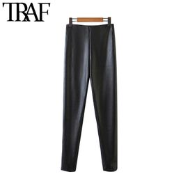 TRAF Femmes Chic Mode PU Faux Cuir Pantalon Skinny Vintage Taille Haute Fermeture À Glissière Extensible Slim Femme Cheville Pantalon 210415