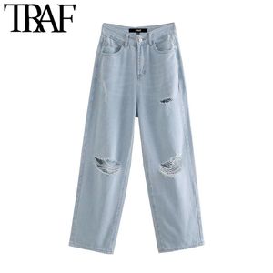 TRAF Femmes Chic Mode Ripped Détail Large Jambe Jeans Vintage Taille Haute Zipper Fly Femelle Cheville Denim Pantalon Mujer 210415