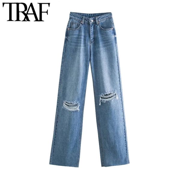 Traf Femmes Chic Mode Ripped Trou Large Jambe Jeans Vintage Taille Haute Zipper Fly Denim Pantalon Femme Pantalon Mujer 210715