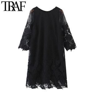 Traf Women Chic Fashion Semi-Sheer Lace Trim Mini Dress Vintage Short Sleeve met voering vrouwelijke jurken Vestidos Mujer 210415