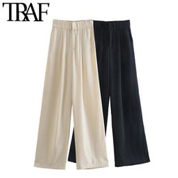 TRAF Femmes Chic Mode Poches latérales Darts Pantalon à jambe large Vintage Taille haute Zipper Fly Femme Pantalon Mujer 210925