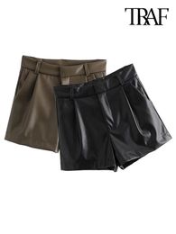 Traf Women Chic Fashion Side Pockets Faux lederen shorts Vintage High Taille Zipper Fly vrouwelijke korte broek Mujer 240420