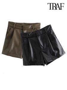 Traf Women Chic Fashion Side Pockets Faux lederen shorts Vintage High Taille Zipper Fly vrouwelijke korte broek Mujer 240407