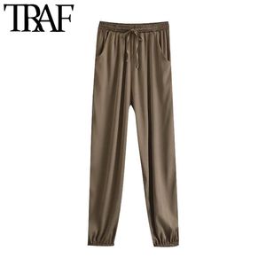 Traf Women Chic Fashion Side Pockets Jogger Pants Vintage hoge elastische taille Drawtring vrouwelijke enkelbroek Mujer 210415