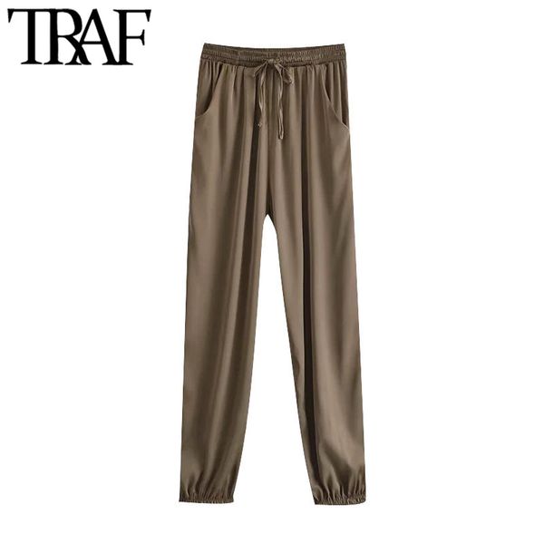 TRAF mujeres Chic moda bolsillos laterales Jogger pantalones Vintage alta cintura elástica cordón Mujer tobillo pantalones Mujer 210415