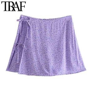 Traf Mulheres Chic Moda Side Laços Impressos Shorts Saias Vintage Cintura Alta Zíper Feminino Skort Mujer 210714