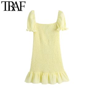 Traf Women Chique Fashion Smocked Elastic Ruffled Mini Dress Vintage Puff Sleeve met voering vrouwelijke jurken Vestidos 210415