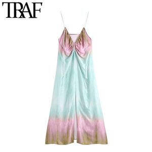Traf Women Chic Fashion Tie-Dye Print voorste spleet Midi Dress Vintage Backless dunne riemen vrouwelijke jurken Vestidos Mujer 210415
