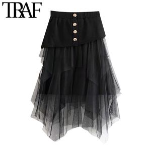 Traf Women Chic Fashion Tule Patchwork Asymmetrische midi rok Vintage hoge elastische taille met voering vrouwelijke rokken 210415