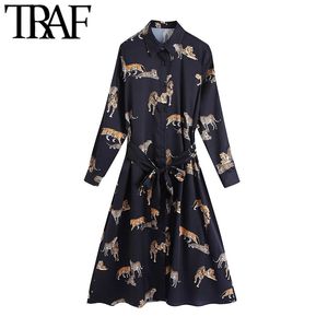 Traf Women Chique mode met riem dierenprint midi shirt jurk vintage lange mouw button-up vrouwelijke jurken Vestidos 210415