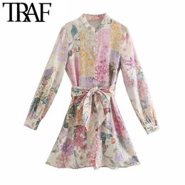 Traf dames chique mode met riem bloemenprint linnen mini jurk vintage o nek lange mouw vrouwelijke jurken vestidos 210415