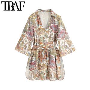 Traf Women ChiC Fashion With Belt Print Mini Dress Vintage Three Quarter Mouw Side Vents Female Dresses Vestidos 210415