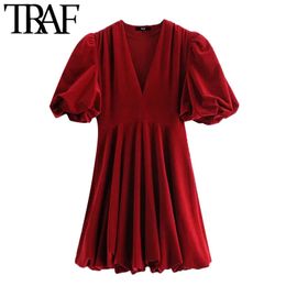 TRAF femmes Chic mode avec garniture élastique velours Mini robe Vintage manches bouffantes fermeture éclair latérale femmes robes robes Mujer 210415