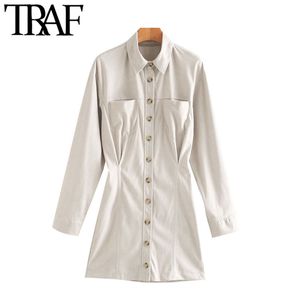 Traf dames chique mode met zakken faux suede geplooide mini jurk vintage lange mouw button-up vrouwelijke jurken mujer 210415