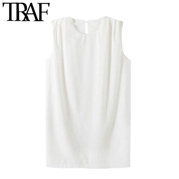 TRAF Mujeres Chic Moda con hombreras sueltas Mini vestido blanco Vintage O Cuello Sin mangas Vestidos femeninos Vestidos 210415