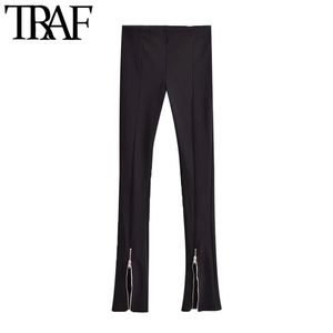 TRAF femmes Chic mode fermeture éclair ourlets maigre noir pantalon Vintage taille haute élastique femme pantalon Mujer 210925
