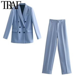 TRAF Mujeres Elegantes Blazers + Pantalones Casual Formal Traje de dos piezas Chaquetas Otoño Doble botonadura Cuello con muescas Abrigos femeninos 220315