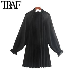 TRAF Femmes Élégant Mode Bureau Porter Mini Robe Plissée Vintage Col Haut Voir À Travers Manches Robes Féminines Robe 210415