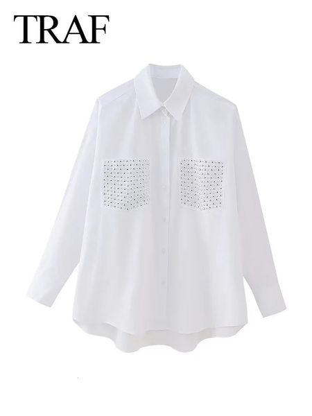 TRAF, blusa elegante de un solo pecho para mujer, blusa lisa de manga larga para oficina para mujer, camisa elegante con remaches y bolsillos dobles, blusa 240202