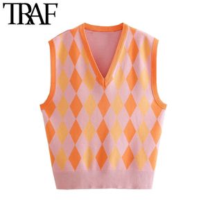 TRAF femmes mode Argyle Partten tricoté gilet pull Vintage col en V sans manches femme gilet Chic hauts 210415