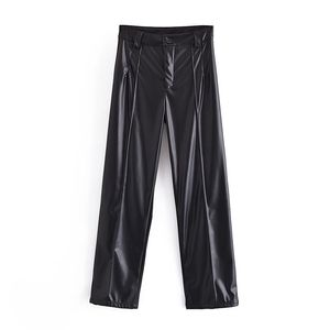 TRAF femmes mode cuir artificiel noir pantalon droit rétro taille haute pantalon à glissière Streetwear 210915