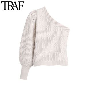 TRAF Mujeres Moda Asimétrica Cable-Knit Suéter Vintage Crew Cuello Linterna Manga Mujer Jerseys Chic Tops 210415