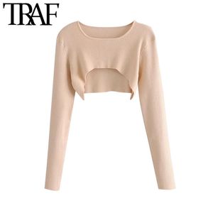 TRAF Femmes Mode Asymétrique Cropped Pull tricoté Vintage O Cou À Manches Longues Femme Pulls Chic Tops 210415