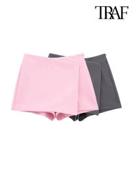 TRAF femmes mode asymétrique paréo Style auto superposition Shorts jupes Vintage taille haute côté fermeture éclair femme Skort Mujer 231228