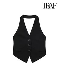 TRAF Vrouwen Mode Backless Halter Hals Vest Sexy Mouwloze Buttonup Vrouwelijke Bovenkleding Chic Vest Tops 240228