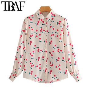 Traf Women Fashion Cherry Print Loose Blouses Vintage lange mouw button-up vrouwelijke shirts blusas chic tops 210415