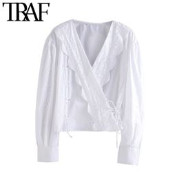 TRAF Femmes Mode Cutwork Broderie Wrap Cropped Blouses Vintage À Manches Longues Côté Attaché Femme Chemises Blusas Chic Tops 210415