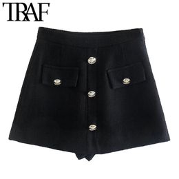 TRAF Mujer moda botones decorativos Tweed pantalones cortos faldas Vintage cintura alta cremallera lateral Mujer Skort Mujer 220427