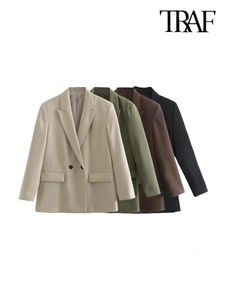 TRAF femmes mode Double boutonnage coupe ample Blazer manteau Vintage à manches longues poches vêtements de dessus pour femmes Chic Veste Femme 240318