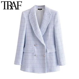 TRAF Women Fashion Double Breasted Tweed Check Blazer Jas Vintage Lange Mouw Zakken Vrouwelijke Bovenkleding Chic Veste 211104