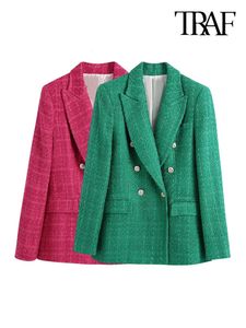 TRAF femmes mode Double boutonnage Tweed vert Blazer manteau Vintage à manches longues rabat poches vêtements de dessus pour femmes Chic Veste 240122