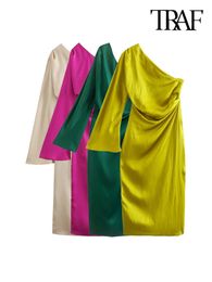TRAF Women Fashion Draped asymmetrische midi -jurk Sexy oneshouler lange mouw zijkant ritsjurken mujer 240402