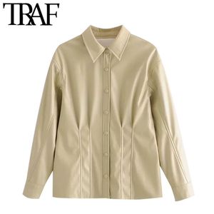 TRAF femmes mode Faux cuir plissé Bloues Vintage à manches longues bouton pression femmes chemises Blusas Chic hauts 210415