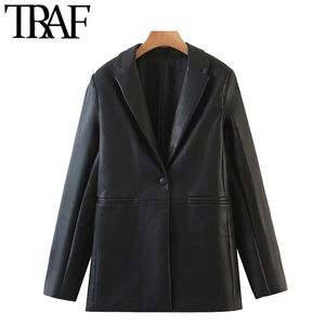 TRAF Women Fashion Faux Lederen Enkele Button Blazers Jas Vintage Lange Mouw Zakken Vrouwelijke Bovenkleding Chic Tops 210415