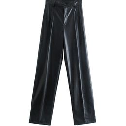 TRAF femmes mode Faux cuir pantalon droit Vintage taille haute fermeture éclair mouche femme pantalon Mujer 220812