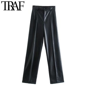 TRAF femmes mode Faux cuir pantalon droit Vintage taille haute veste pour homme femme pantalon Mujer 220214