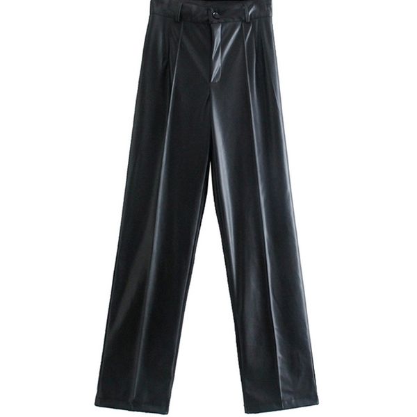 Traf Women Fashion Faux Leather Pantalones rectos Vintage Pantalones de mosca con cremallera High Wemer Mujer 220813