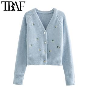 TRAF femmes mode Floral brodé tricoté Cardigan pull Vintage col en V à manches longues vêtements de dessus pour femmes Chic hauts 210415