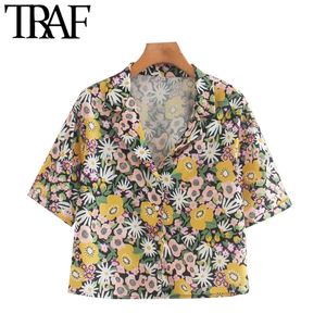 TRAF Mujeres Moda Floral Estampado abotonado Blusas Vintage Solapa Collar Manga corta Playa Mujer Camisas Chic Tops 210415