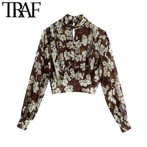 TRAF Femmes Mode Floral Imprimer Blouses Courtes Vintage Col Haut Manches Longues Dos Élastique Ourlet Femelle Chemises Chic Tops 210415