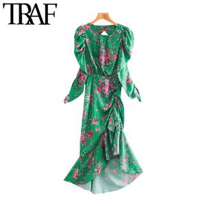 TRAF Women Fashion Floral Print Ploeged Asymmetrical Midi Dress Vintage Backless Zipper Ruffled Female Dresses Mujer 210415