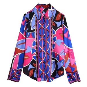 Traf dames mode stromende gedrukte shirts vintage lange mouw buttonup vrouwelijke blouses blusas chic tops 220813