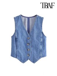 Traf Women Fashion Front Bouton Denim Waistcoat Vintage V Neck Sans manches Sans manches Extérieur Chic Gest Tops 240412