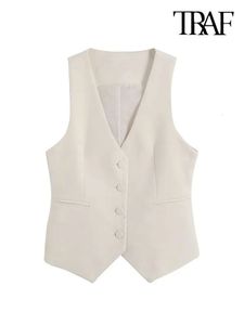 TRAF femmes mode avant bouton ajusté gilet Vintage sans manches poches passepoilées vêtements de dessus pour femmes Chic gilet hauts 240113