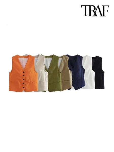 TRAF femmes mode avant bouton lin mélange gilet Vintage col en V sans manches vêtements de dessus pour femmes Chic gilet hauts 240117