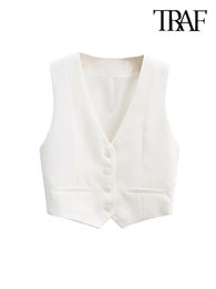 TRAF-Chaleco corto con botones delanteros para mujer, ropa de abrigo Vintage sin mangas con cuello de pico, Tops elegantes 240123